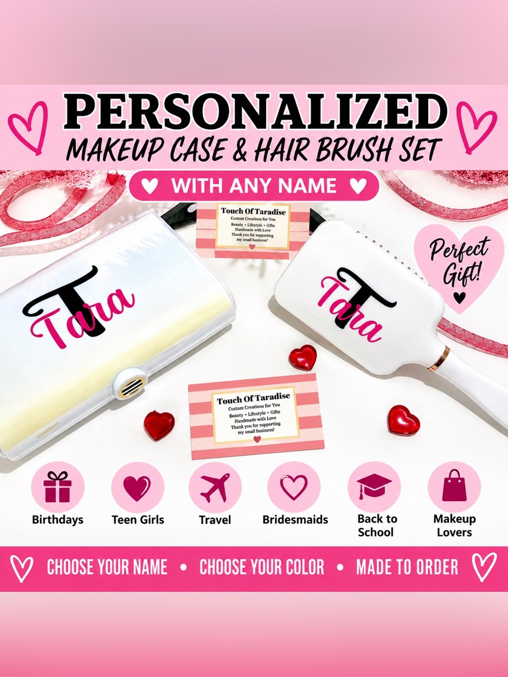 Personalized Makeup Case & Hair Brush Set Custom Name Gift NEW